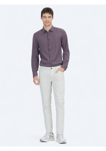 Ekru Düz Dokuma Slim Fit Casual Pamuk Karışımlı Pantolon