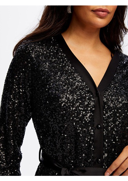 Payet Işli V Yaka 3/4 Kol Abiye Gömlek Elbise W26ABY009