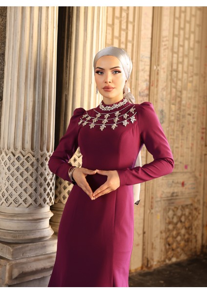 Yakası Taşlı Krep Abiye Peri 1047 fiyatları