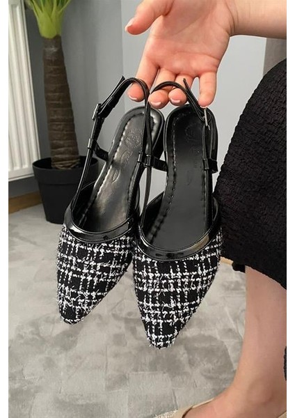 Kadın Siyah Keten Arkası Acık Sivri Burun Günlük Babet