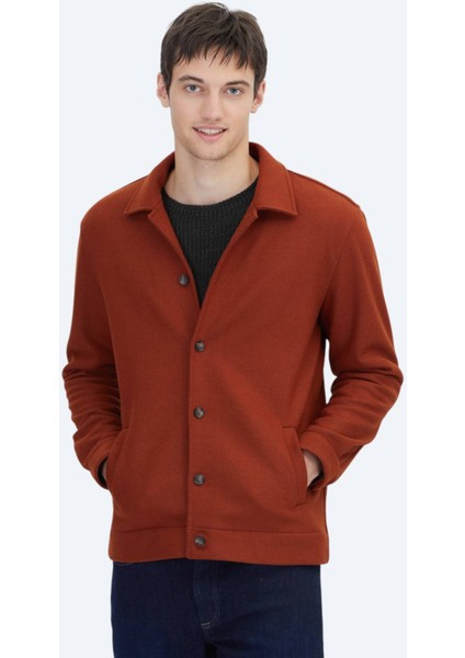 Kiremit Düz Regular Fit Yün Karışımlı Overshırt