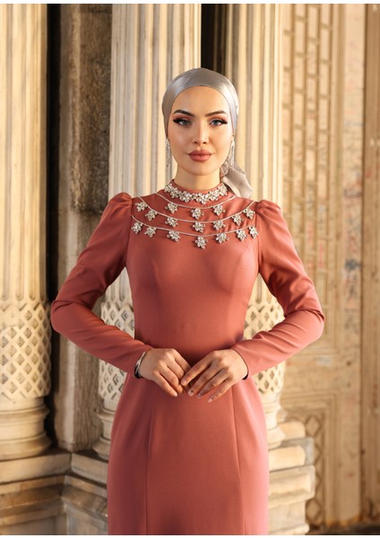 Yakası Taşlı Krep Abiye Peri 1047 fiyatları