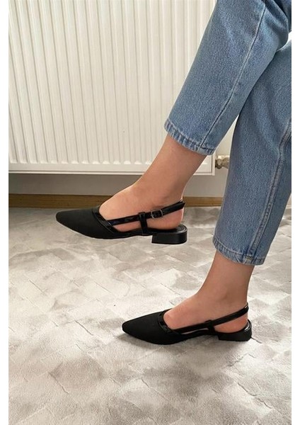 Kadın Siyah Rugan Simli Arkası Acık Sivri Burun Günlük Babet modelleri