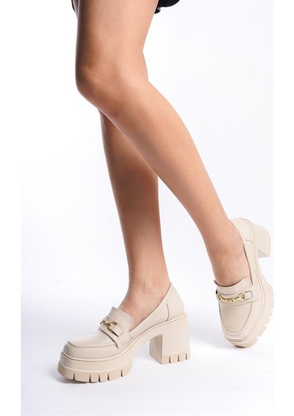 Kadın Krem Cilt Ince Toka 8 cm Topuklu Platformlu Ayakkabı