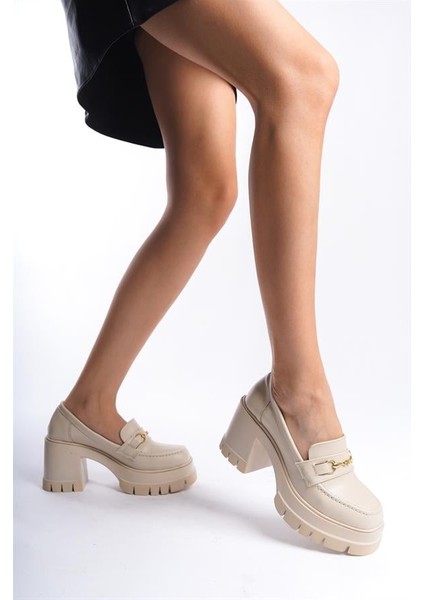Kadın Krem Cilt Ince Toka 8 cm Topuklu Platformlu Ayakkabı modelleri