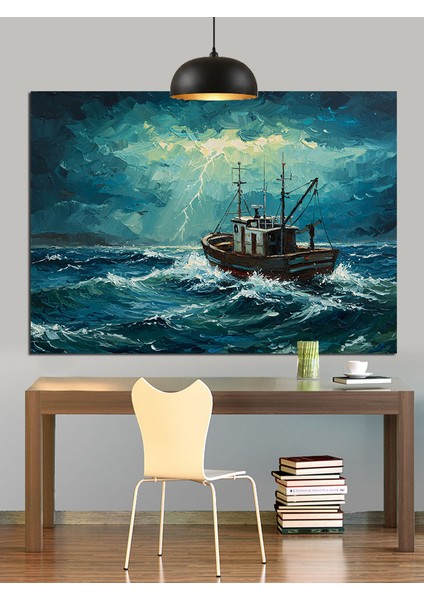 Fırtınalı Denizde Balıkçı Teknesi Dekoratif Kanvas - Mdf Ahşap Tablo
