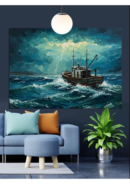 Fırtınalı Denizde Balıkçı Teknesi Dekoratif Kanvas - Mdf Ahşap Tablo fiyatları