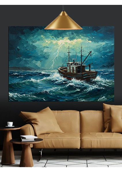 Fırtınalı Denizde Balıkçı Teknesi Dekoratif Kanvas - Mdf Ahşap Tablo modelleri