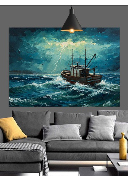 Fırtınalı Denizde Balıkçı Teknesi Dekoratif Kanvas - Mdf Ahşap Tablo fırsatları