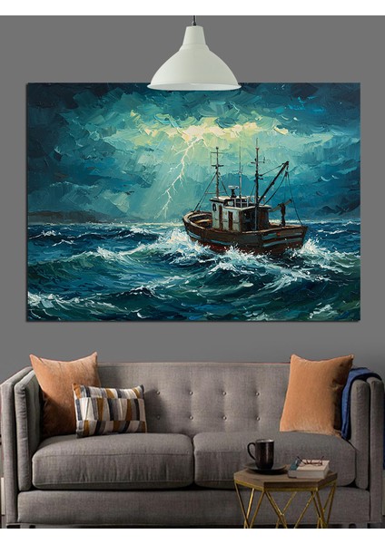 Fırtınalı Denizde Balıkçı Teknesi Dekoratif Kanvas - Mdf Ahşap Tablo indirimleri