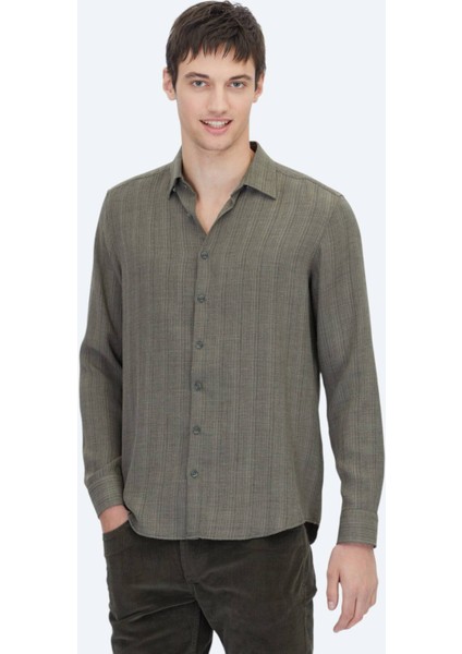 Haki Çizgili Regular Fit Dokuma Casual Gömlek
