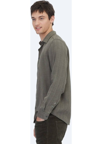 Haki Çizgili Regular Fit Dokuma Casual Gömlek modelleri