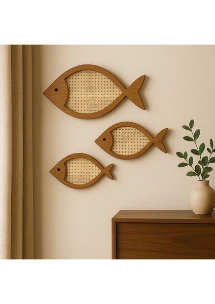 Minimalist Ahşap & Hasır Üçlü Balık Duvar Dekoru