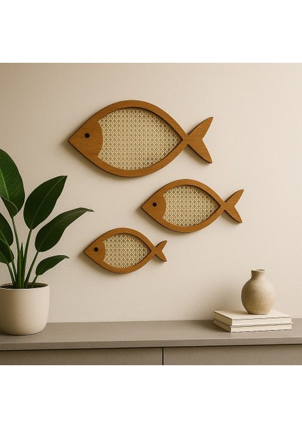 Minimalist Ahşap & Hasır Üçlü Balık Duvar Dekoru fiyatları