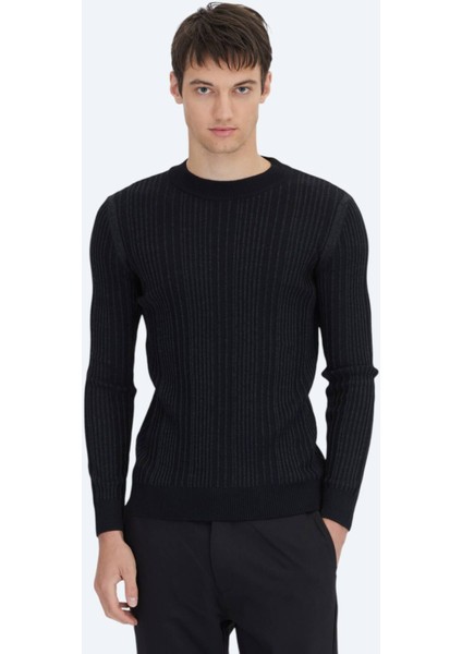 Siyah Bisiklet Yaka Jakarlı Yün Karışımlı Triko Kazak