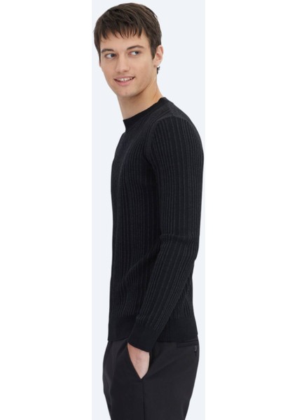 Siyah Bisiklet Yaka Jakarlı Yün Karışımlı Triko Kazak modelleri