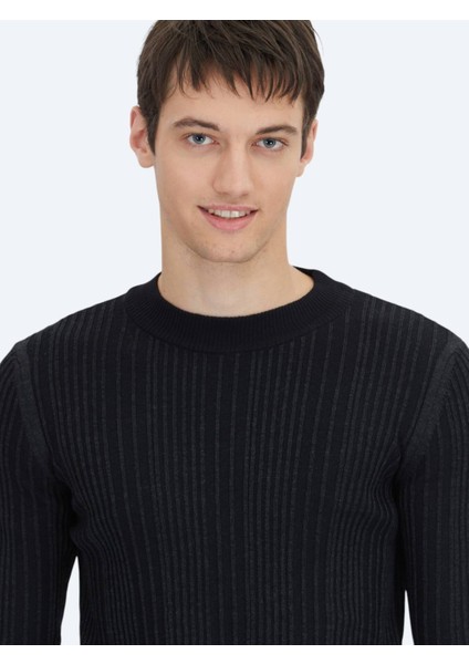 Siyah Bisiklet Yaka Jakarlı Yün Karışımlı Triko Kazak fırsatları