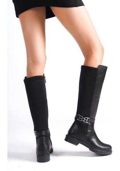 Kadın Siyah Tokalı Dalgıç Kumaş Dizaltı Çizme fiyatları
