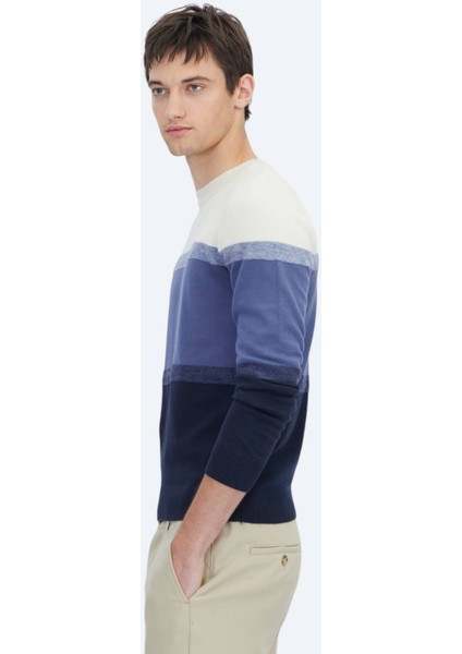 Lacivert Bisiklet Yaka Jakarlı Pamuk Karışımlı Triko Kazak