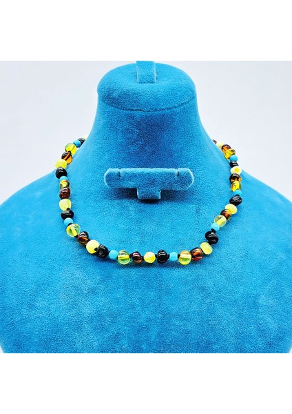 Firuze ve Orijinal Damla Kehribar Karışımı Bebek Kolye