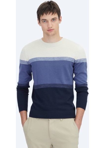 Lacivert Bisiklet Yaka Jakarlı Pamuk Karışımlı Triko Kazak