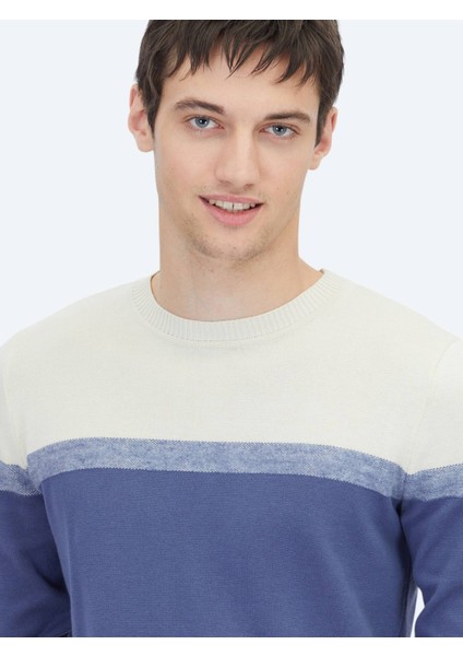 Lacivert Bisiklet Yaka Jakarlı Pamuk Karışımlı Triko Kazak fırsatları