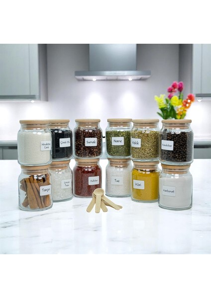 12'li Ahşap Bambu Vakum Kapaklı Cam Baharat Seti 300 ml Etiket ve Kaşık Hediyeli