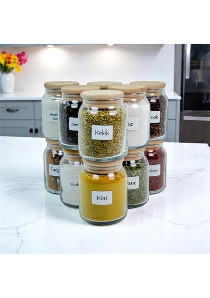 12'li Ahşap Bambu Vakum Kapaklı Cam Baharat Seti 300 ml Etiket ve Kaşık Hediyeli fiyatları