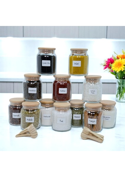 12'li Ahşap Bambu Vakum Kapaklı Cam Baharat Seti 300 ml Etiket ve Kaşık Hediyeli modelleri