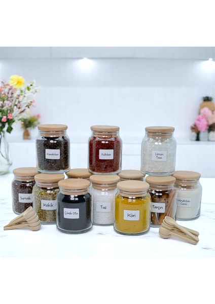 12'li Ahşap Bambu Vakum Kapaklı Cam Baharat Seti 300 ml Etiket ve Kaşık Hediyeli fırsatları
