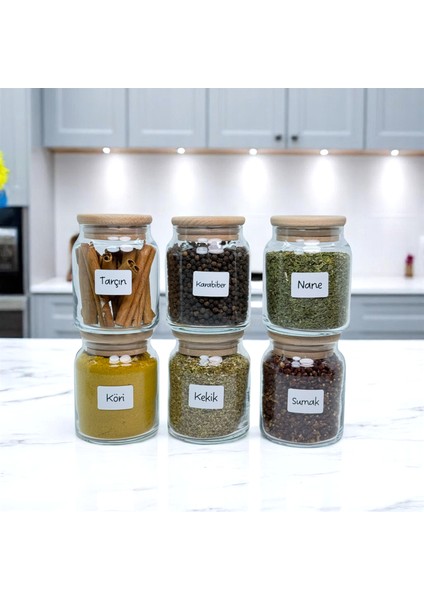 12'li Ahşap Bambu Vakum Kapaklı Cam Baharat Seti 300 ml Etiket ve Kaşık Hediyeli indirimleri