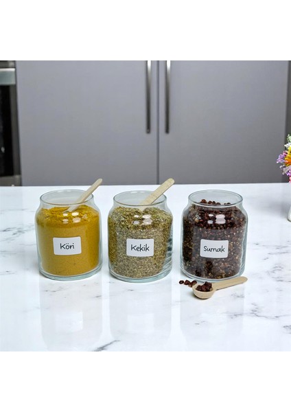 12'li Ahşap Bambu Vakum Kapaklı Cam Baharat Seti 300 ml Etiket ve Kaşık Hediyeli
