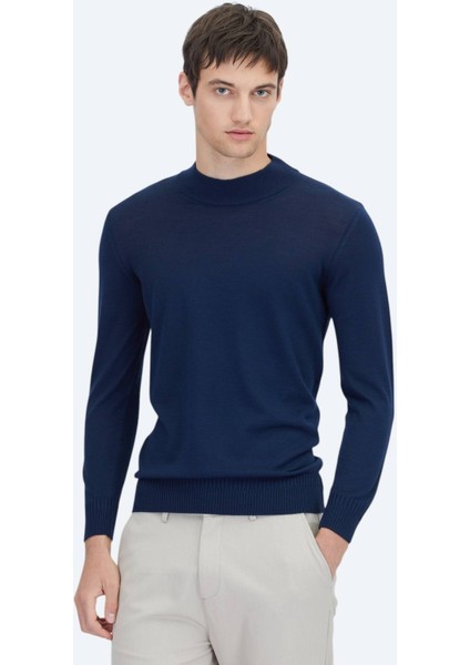 Açık Lacivert Yarım Balıkçı Yaka Jakarlı Yün Karışımlı Triko Kazak