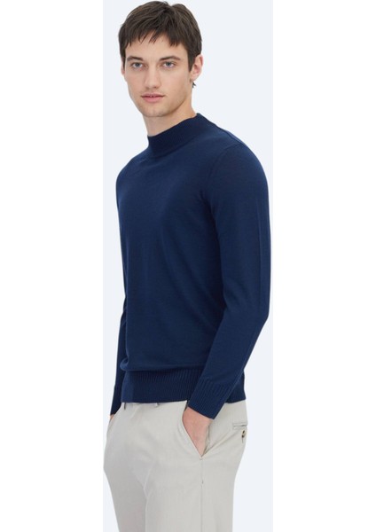 Açık Lacivert Yarım Balıkçı Yaka Jakarlı Yün Karışımlı Triko Kazak modelleri