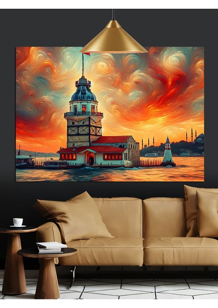 Renkli Gökyüzünde Kız Kulesi Dekoratif Kanvas - Mdf Ahşap Tablo