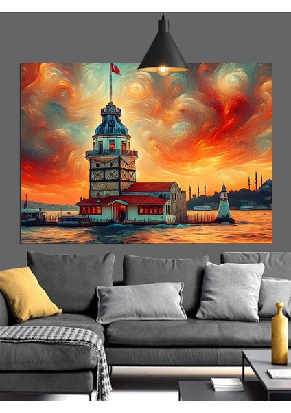Renkli Gökyüzünde Kız Kulesi Dekoratif Kanvas - Mdf Ahşap Tablo fiyatları