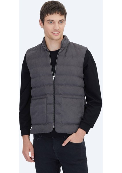 Gri Regular Fit Dik Yaka Casual Dokuma Spor Yelek