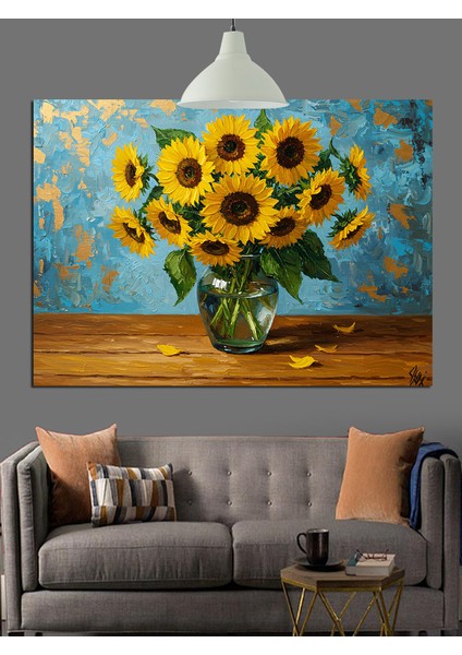 Vazoda Sarı Ayçiçekleri Dekoratif Kanvas - Mdf Ahşap Tablo