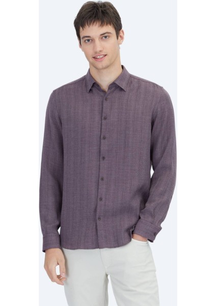 Mürdüm Çizgili Regular Fit Dokuma Casual Gömlek