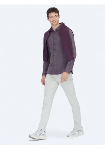 Mürdüm Çizgili Regular Fit Dokuma Casual Gömlek modelleri