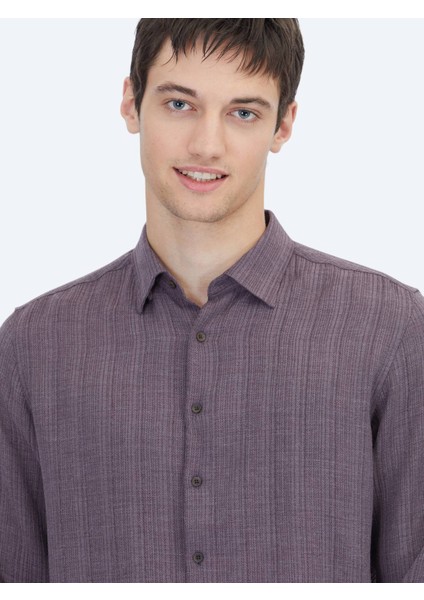 Mürdüm Çizgili Regular Fit Dokuma Casual Gömlek indirimleri