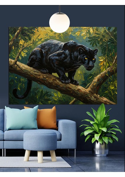 Ağaç Üzerinde Kara Panter Dekoratif Kanvas - Mdf Ahşap Tablo