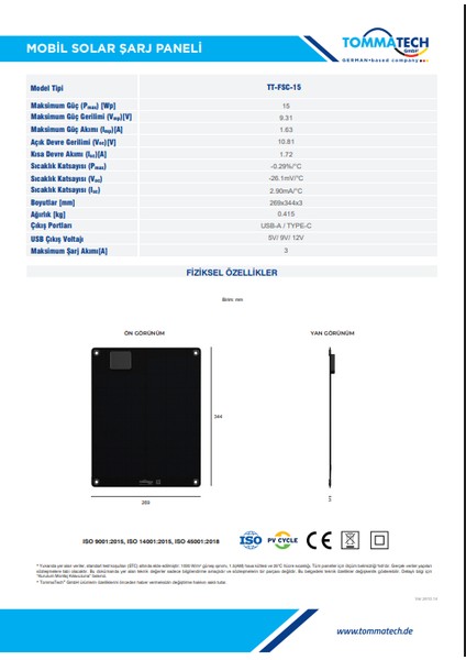 15 Wp Mobil Solar Şarj Paneli