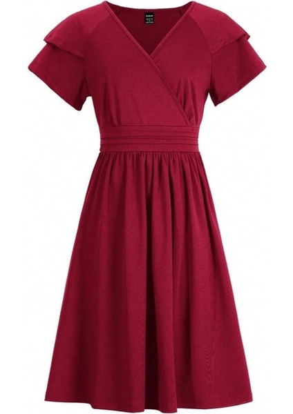 Kadın Kısa Fırfır Kollu Kruvaze Yakalı Kiloş Janjan Krep Elbise indirimleri