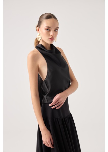 Degaje Yaka Saten Dalia Bluz Siyah