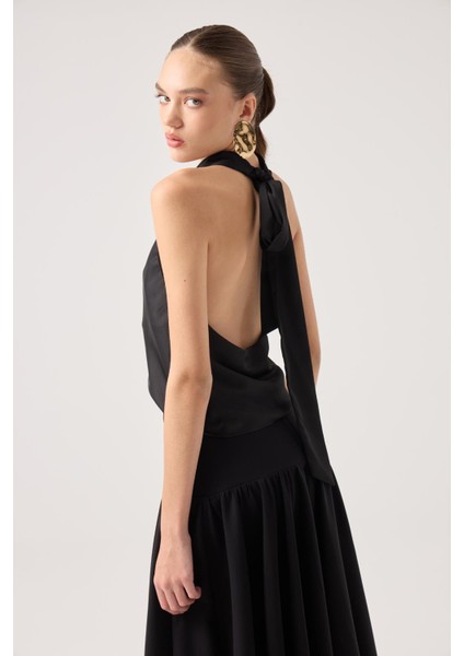 Degaje Yaka Saten Dalia Bluz Siyah fiyatları