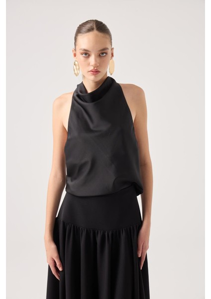 Degaje Yaka Saten Dalia Bluz Siyah modelleri