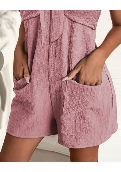 Kadın Kolsuz Askı Aksesuarlı Önü Bağlama Detay Salopet Şort Tulum fırsatları