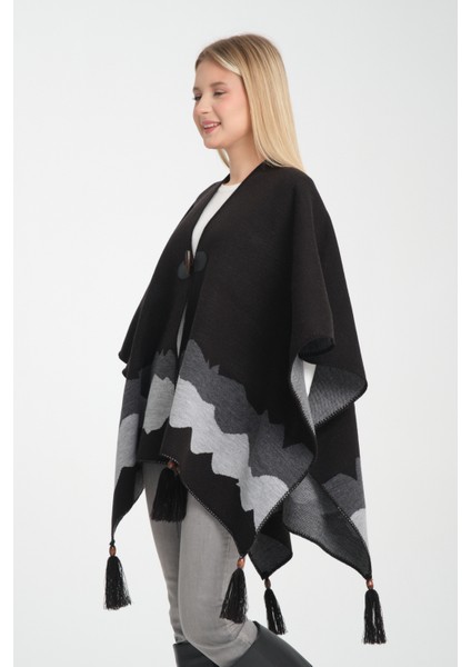 Dalga Desen Balıkçı Dikişli Desenli Dokuma Triko Panço, Deri ve Düğme Detaylı Püsküllü Kadın Dış Giyim Panço fiyatları