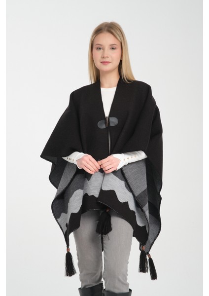 Dalga Desen Balıkçı Dikişli Desenli Dokuma Triko Panço, Deri ve Düğme Detaylı Püsküllü Kadın Dış Giyim Panço fırsatları